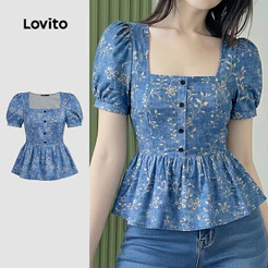 Lovito Blusa Azul de Primavera/verão Elegante com Padrão Plissado para Mulheres LK6ED219