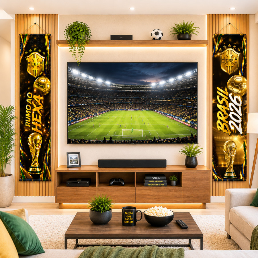 Kit 2 Faixas Brasil Copa Premium Decor Peças Painel Vertical Futebol Sala Barzinho Ambientes Torcida Brasileira