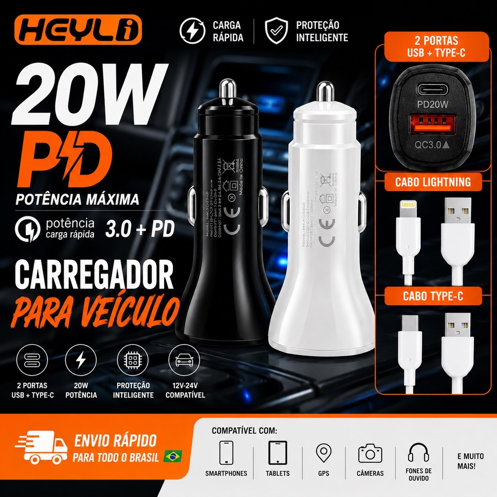 Mini Carregador De Carro Essager 20W USB Tipo C/iphone Carga Rápida 3.0 PD De Carregamento Rápido