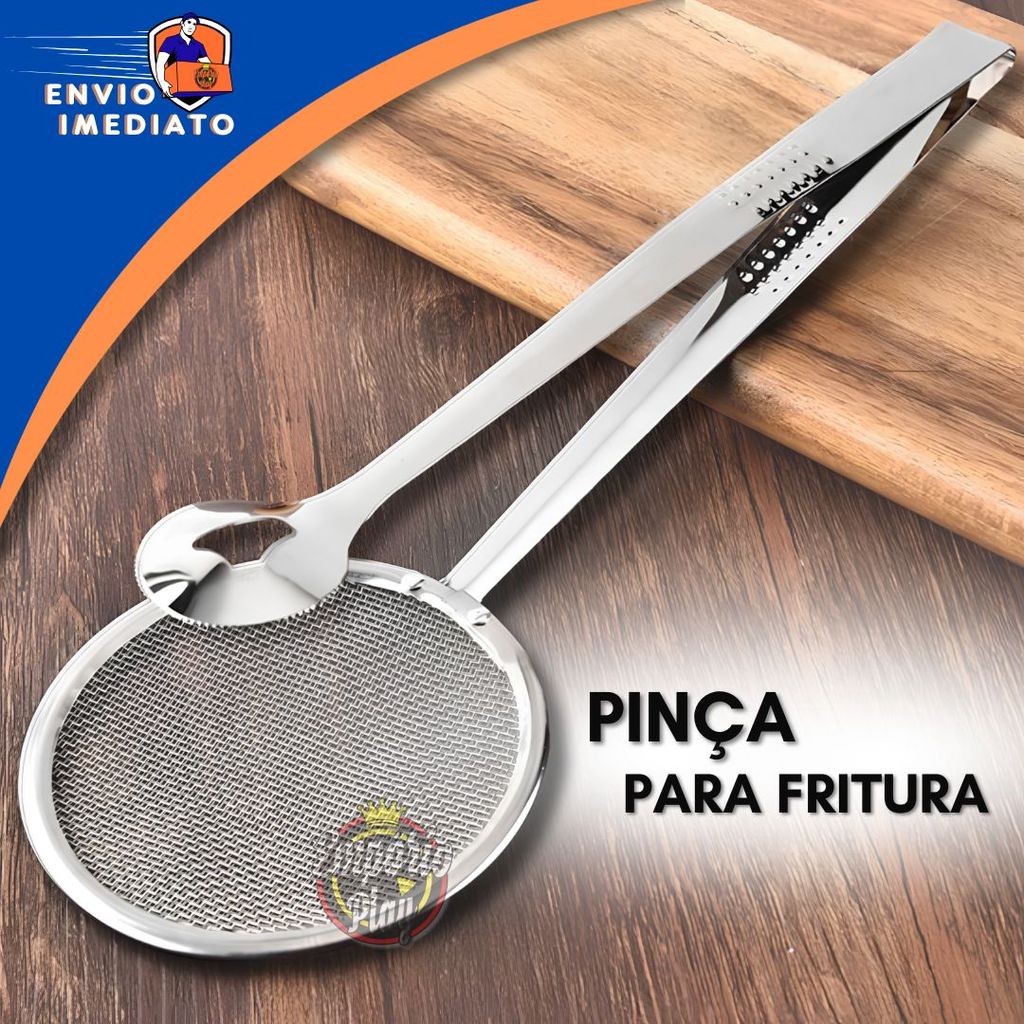 Pinça Pegador com Peneira Escumadeira Inox Para Frituras Pegador  Batata Frita Frango Frito