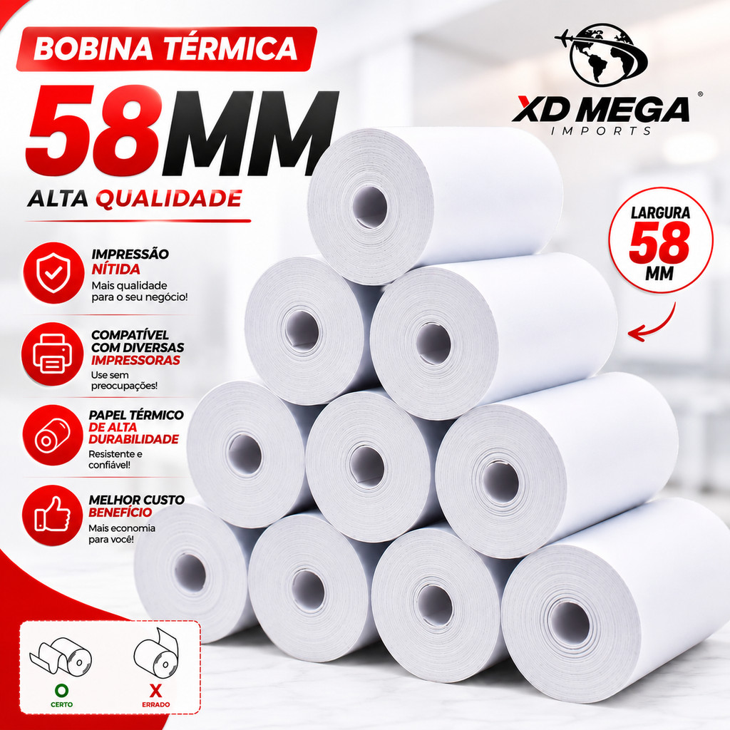 Bobina térmica 57mm / 58mm para mini impressora bluethooth cupom delivery nota fiscal