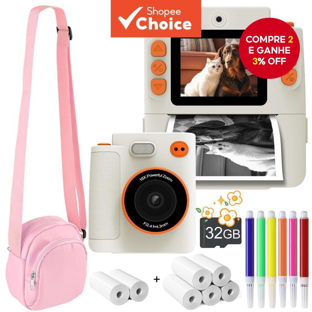 Câmera Digital Premium 1080P HD Selfie E Impressão Instantânea Com Cartão De 32 Gb , 5 Rolos De Papel , Acessório Infant