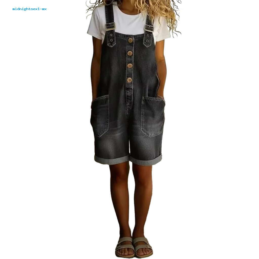 Retro Pullover Trousers Women’s Denim Bib Overall Shorts Button Front Wide Leg Loose Fit Adjustable Straps Baggy Summe