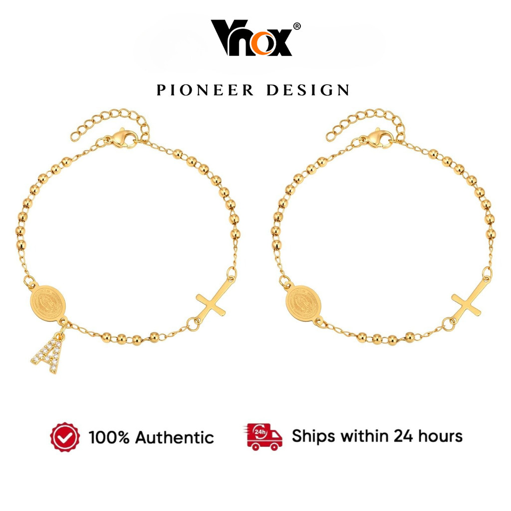 Vnox Rosário Cruz Pulseira Casal Personalizada Carta Charme Inicial Sorte Virgem Maria Mama Contas Joias De Aço Inoxidáv
