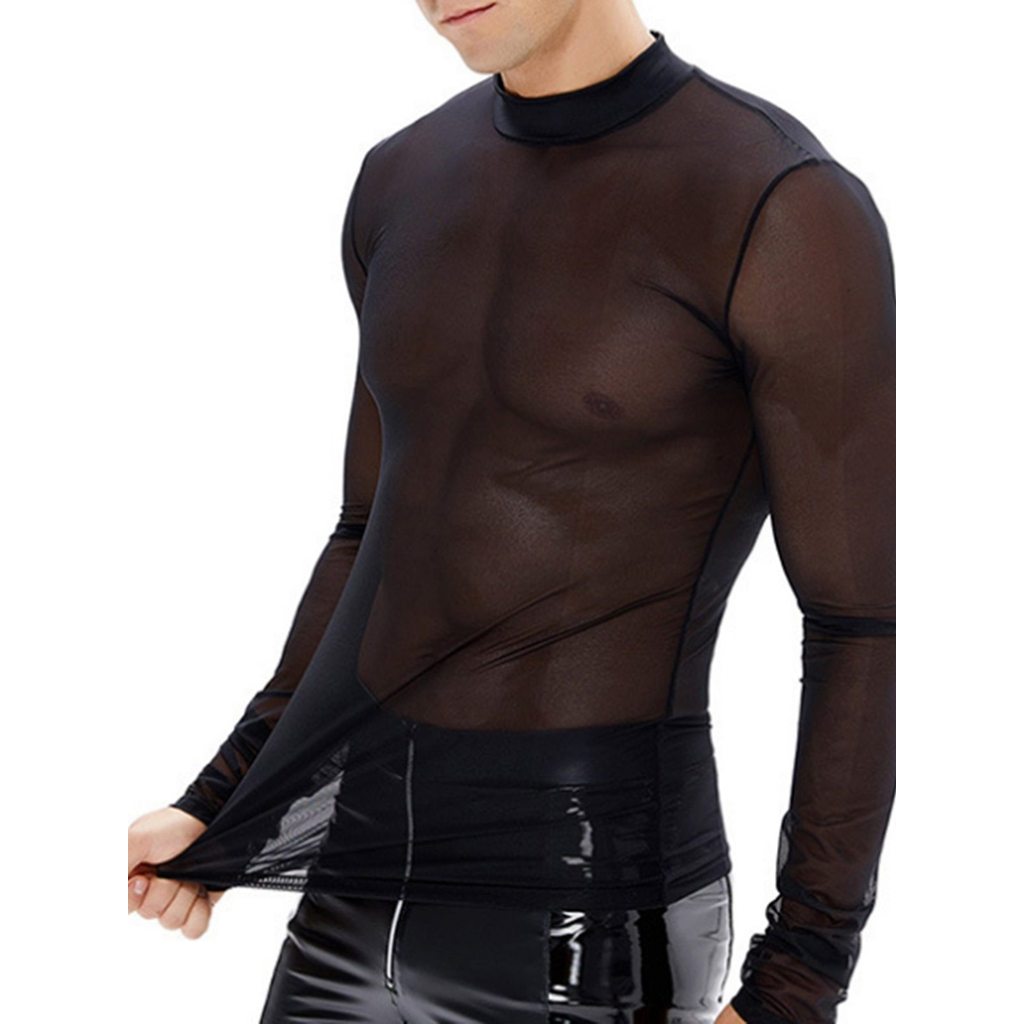 Camiseta de manga comprida masculina malha impressa manga longa camiseta ligeiramente transparente estiramento camisa de