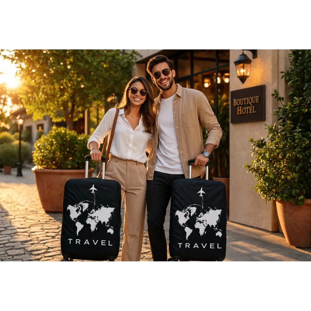 Kit Com 2 Capas Protetoras Para Mala De Viagem Estampa Mapa Mundial Travel Material Elastico Resistente Ajuste Seguro