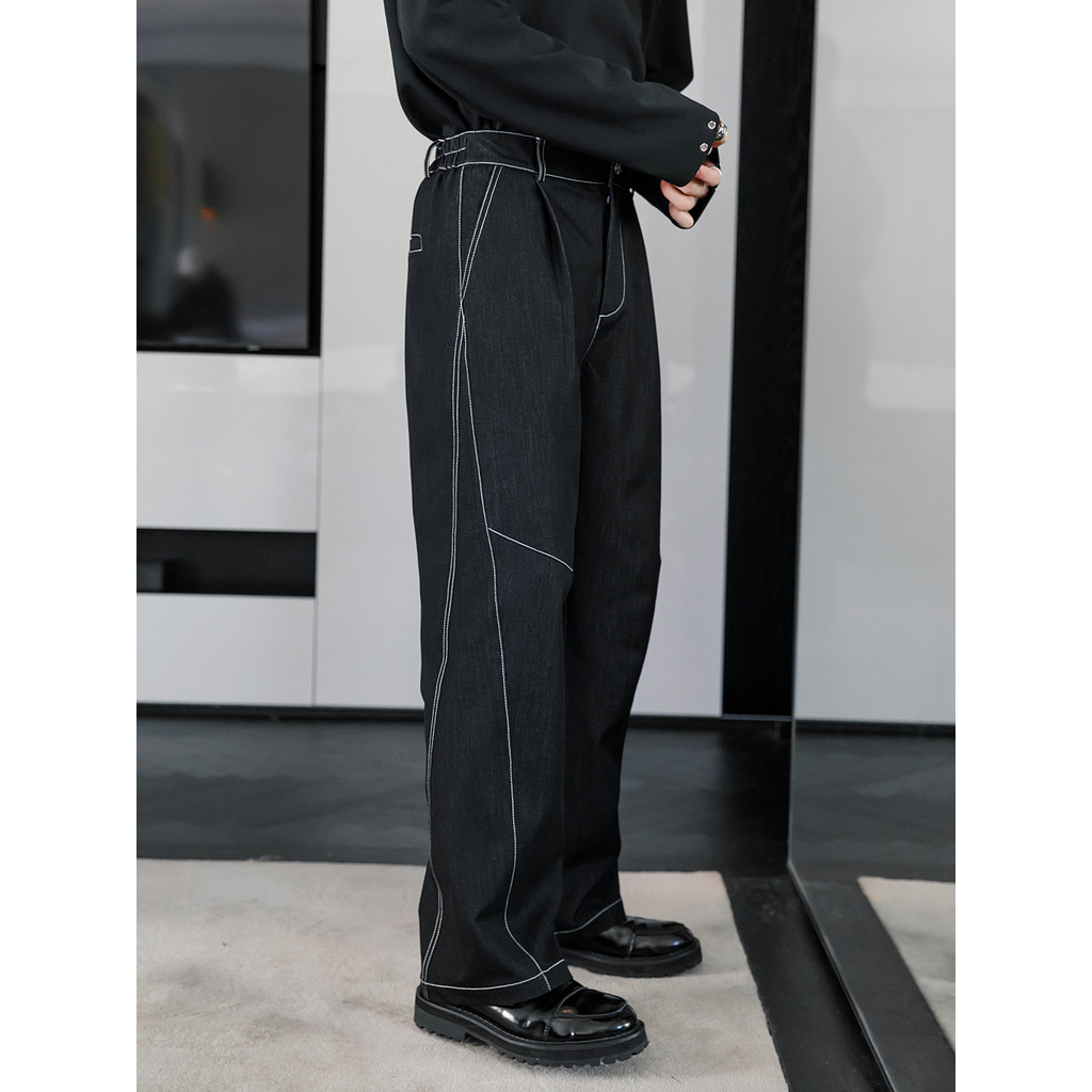 CHICERRO Siciliano Masculino Desgaste Solto Drapey Topstitch Imitação de Seda Gelo Jeans Meninos Calças Casuais Retas de