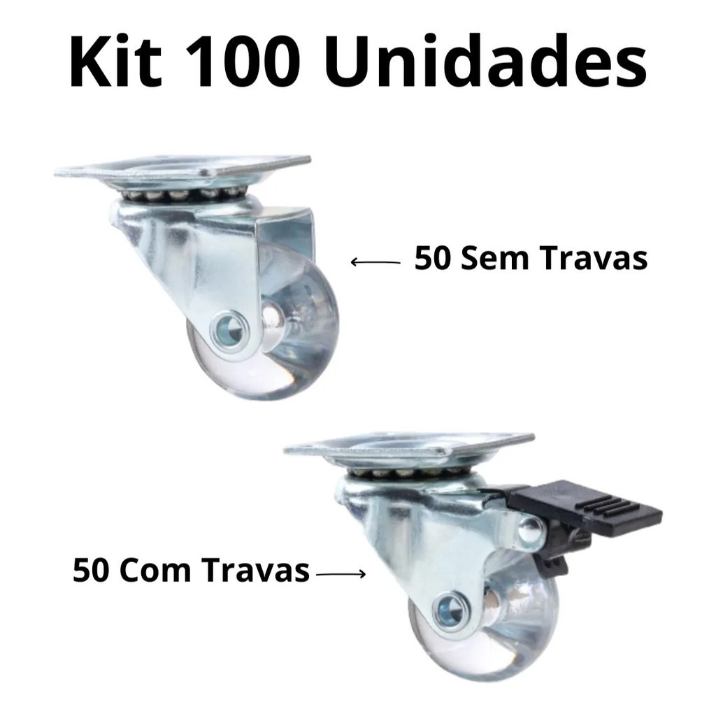 Kit 100 Rodinhas Giratórias Rodizio Silicone 35mm Anti Risco 50 C/ Trava e 50 S/ Trava Até 35kg Cada