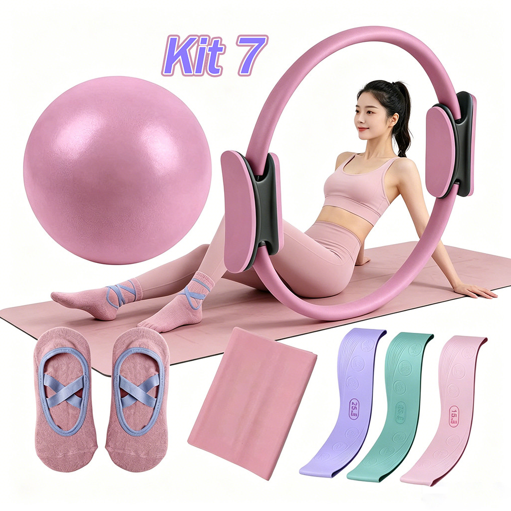Kit Yoga Pilates 7 Peças treino Funcional Anel Pilates Faixa Elástica Acessórios para Alongamento