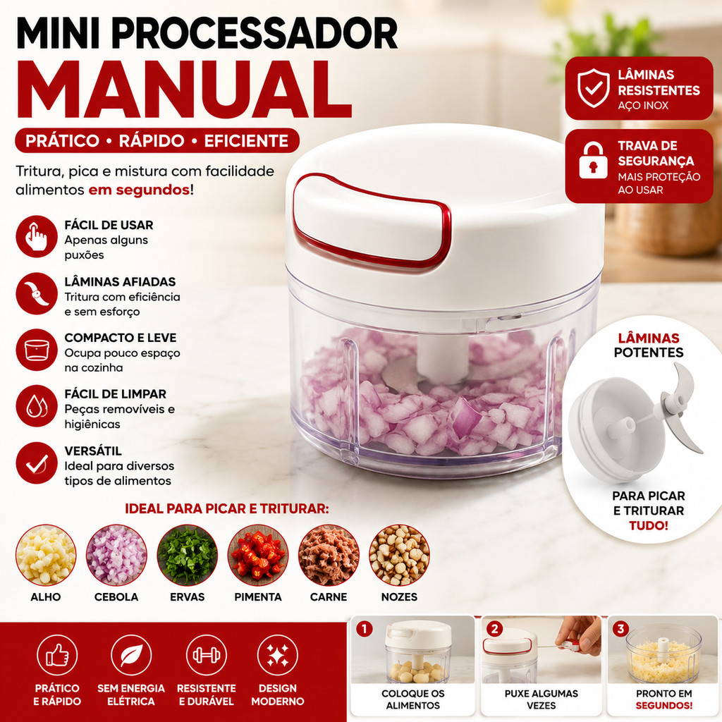 Mini Processador Manual Triturador De Alimentos Com Corda Lâminas Inox Para Alho Cebola Temperos E Legumes