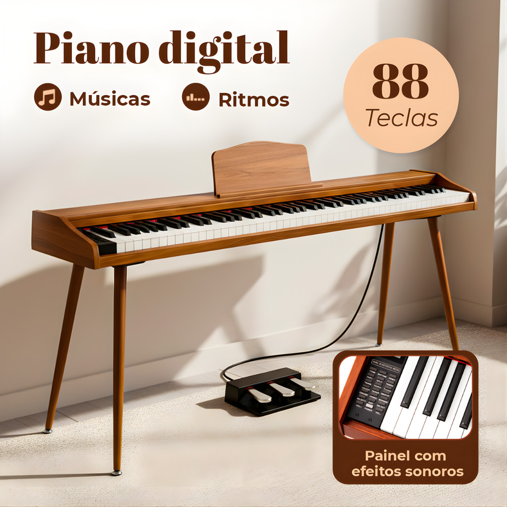 Piano Digital Teclado Musical Eletrônico 88 Teclas Marrom 127/220v