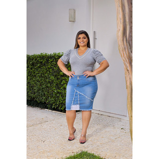 Saia Jeans Plus Size Louise Midi Feminina Cintura Alta com Lycra Moda Evangélica