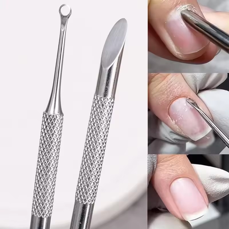 Pá De Cabeça Oblíqua Circular Push-Removedor De Aço Inoxidável Bastão De Manicure-Raspador De Ponta Dupla-Ferramenta Par