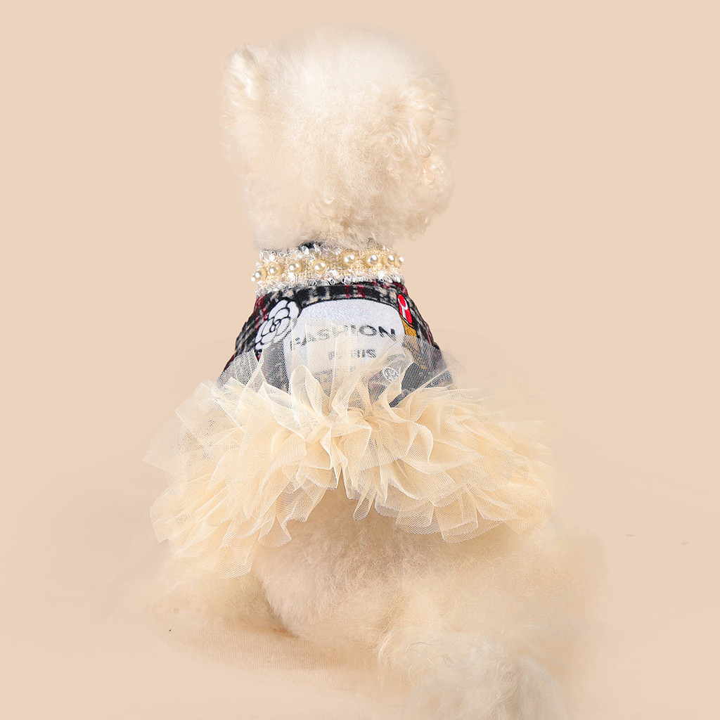 Roupa para Cães e Gatos, Vestido Estampado com Lábios Felizes para Cães Pequenos e Filhotes, Xadrez Preto e Branco, Fofo