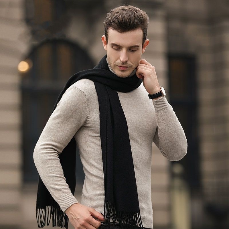 Cachecol masculio Pashmina Lisa de 250g com franjas continue quente Preto