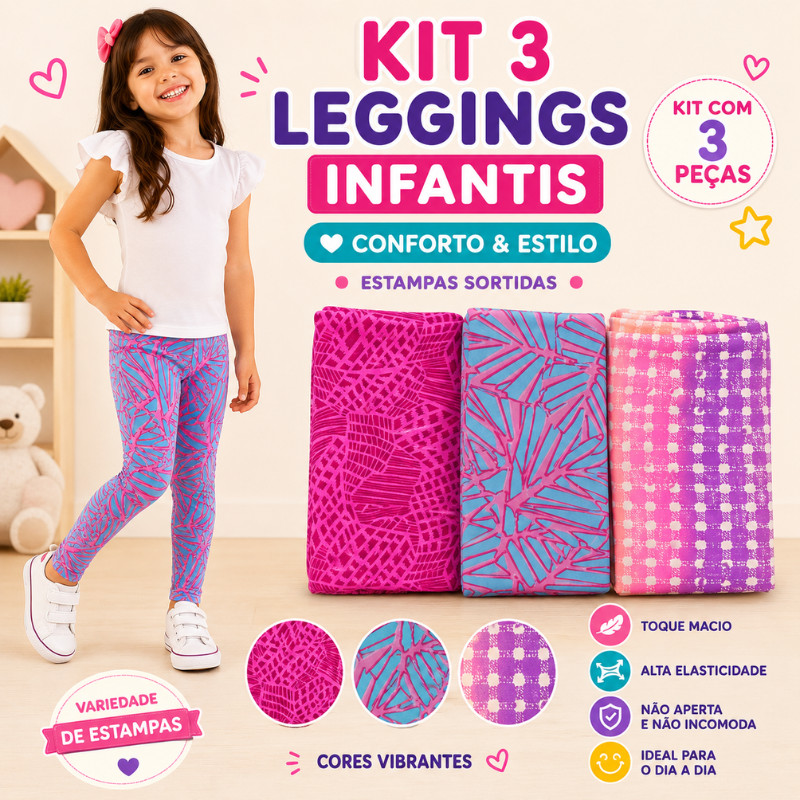 Kit 3 Legging Infantil Menina Estampada Confortável Moda Kids Sortidas |1905| Pronta Entrega