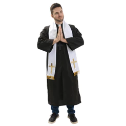 Fantasia Padre Adulto Tunica Preta Com Estola E Crucifixo Preto