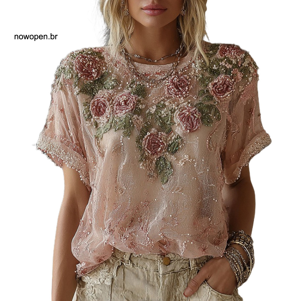 Loose Fit Tops Women Linen Women’s Summer Round Neck Short Sleeve Pullover Top Lightweight Sun Protection Tee with 3d