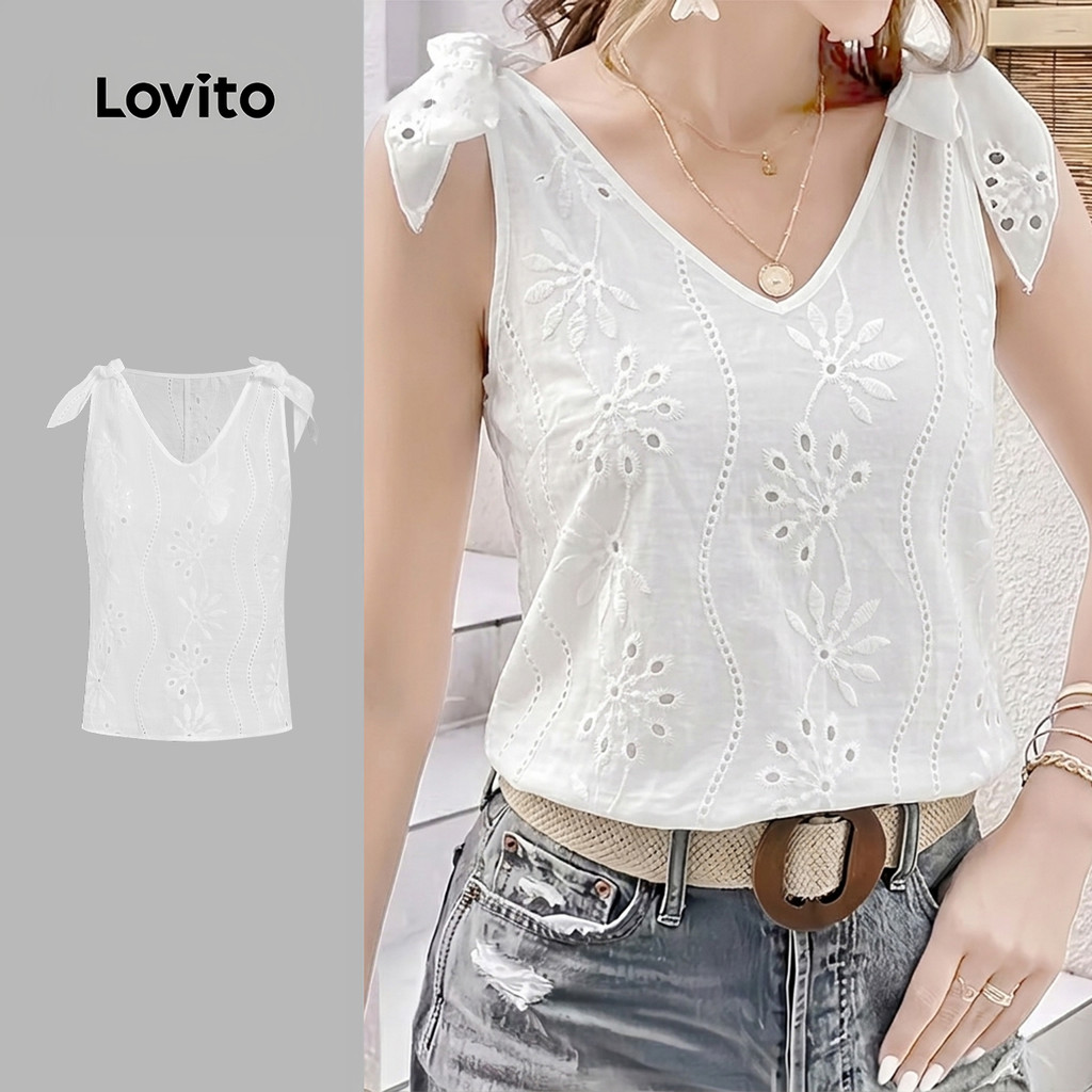 Lovito Top Boho com Renda de Bordado em Ilhós para Primavera/verão Branco para Mulheres LK4ED542