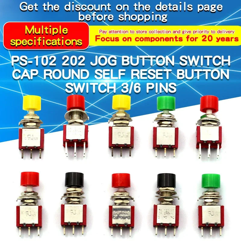 1 Pçs Interruptor De Botão Jog Alternância PS-102-202 Redondo De Reinicialização Automática Com Tampa 3 Pinos/6