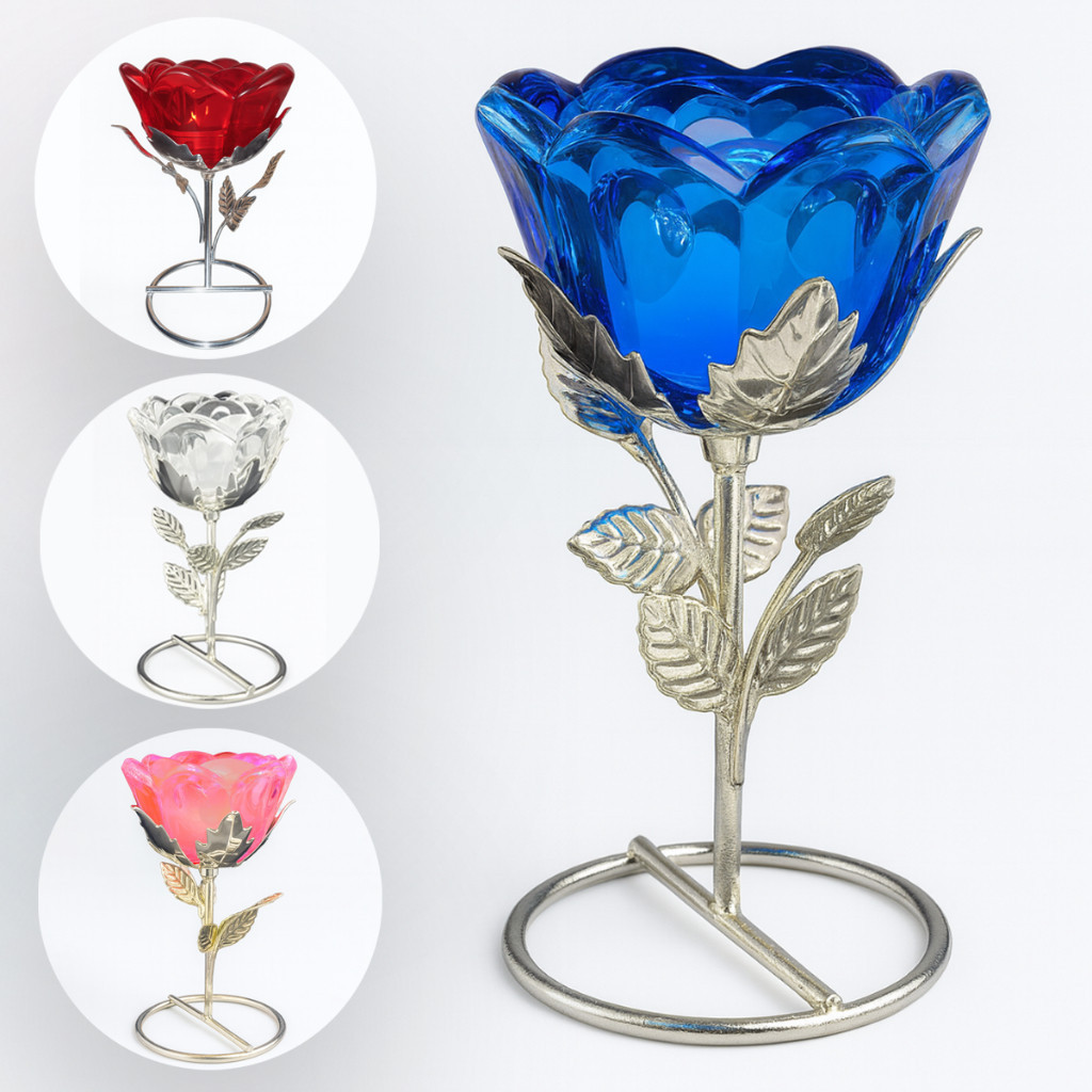 Castiçal Porta Vela Flor Rosa em Vidro com Base em Metal 13cm Decorativo Com Mini Vela
