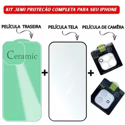 Kit 3em1 Película Traseira+Câmera Transparente+Película Vidro Temperado 3D Para iPhone 11 12 13 14 15 16 Pro Max