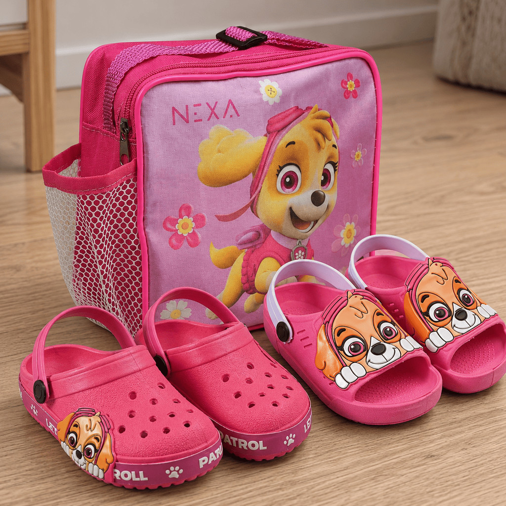 Kit Menina Patrulha Sandália Infantil +  Babuche Confortável Com Lancheira Escolar Marca Nexa