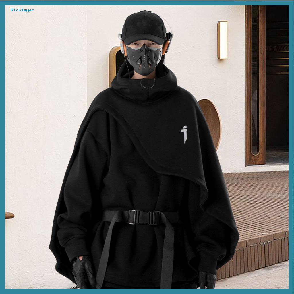 Long-sleeved Pullover Hoodie High Collar Unisex Two-piece Style Thick Poncho Multi-layered Irregular Design Long Sleeve