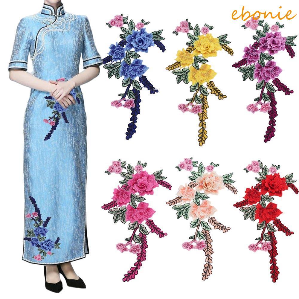 EBONIE Patch DIY Luxo Emblema Vestuário Costura Peônia Flor Cheongsam Bordado