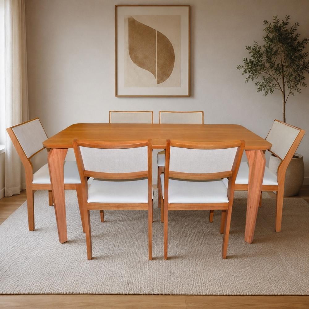 Conjunto Sala de Jantar Mesa Vitória 160x80 Tampo Madeira 6 Cadeiras Viena Tela Madeira Cinamomo