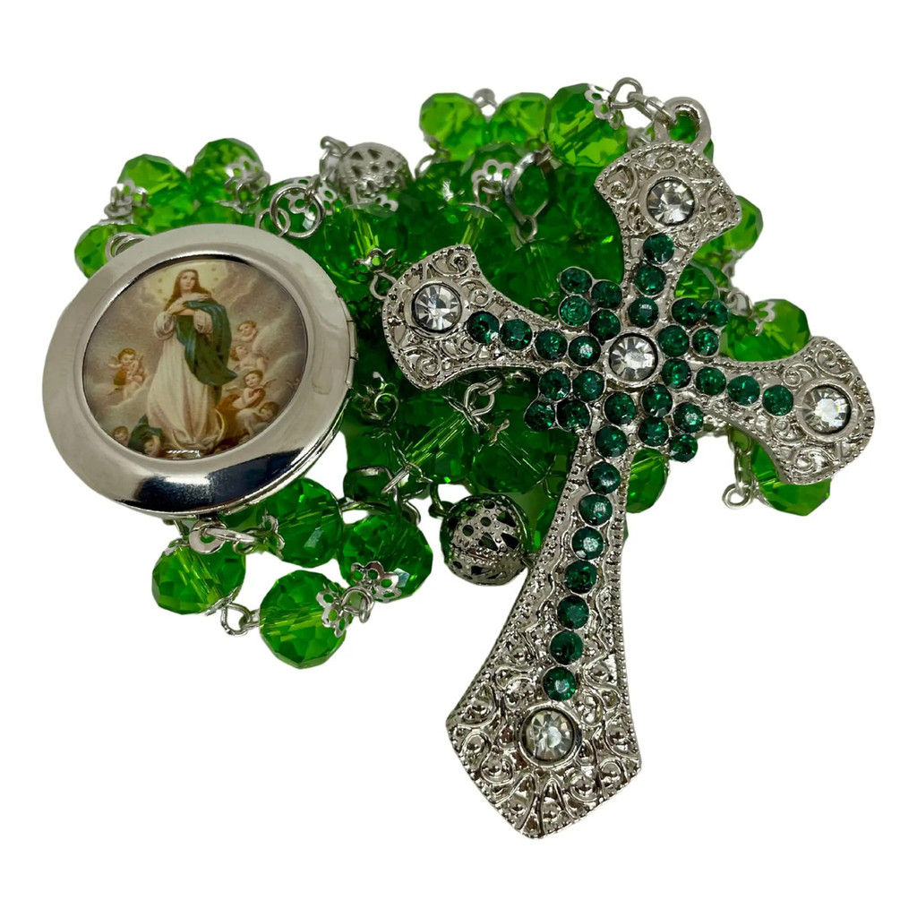 Terço Nossa Senhora Imaculada Conceição Cristal Verde Prata Prateado
