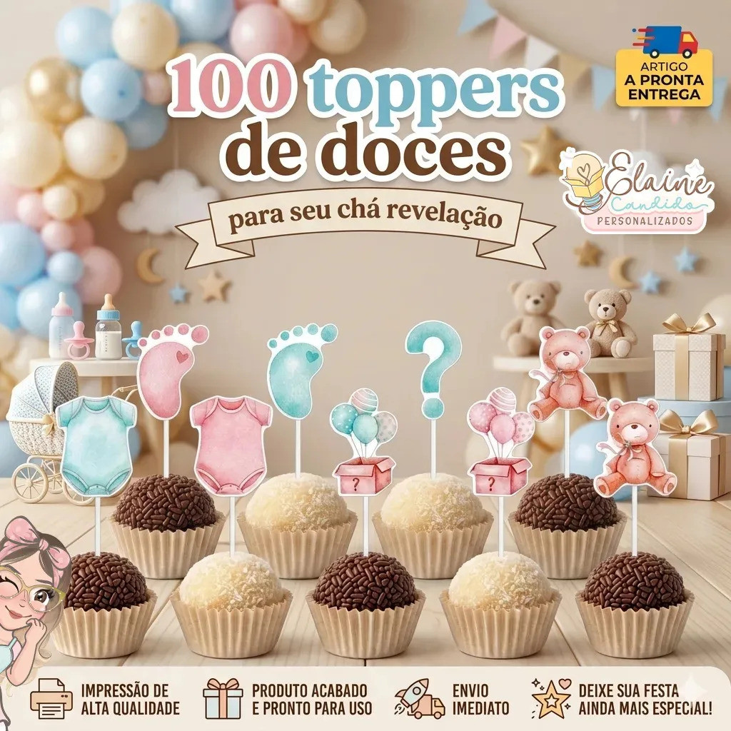 100 Toppers Para Doces Chá Revelação Azul E Rosa Já Montado