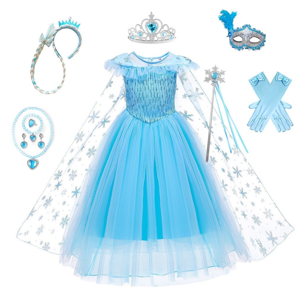 Vestido Elsa Congelado Vestido Rainha Congelado Vestido de Gaze Fofo com Capa Frozen Elsa Princesa Vestido de Aniversári