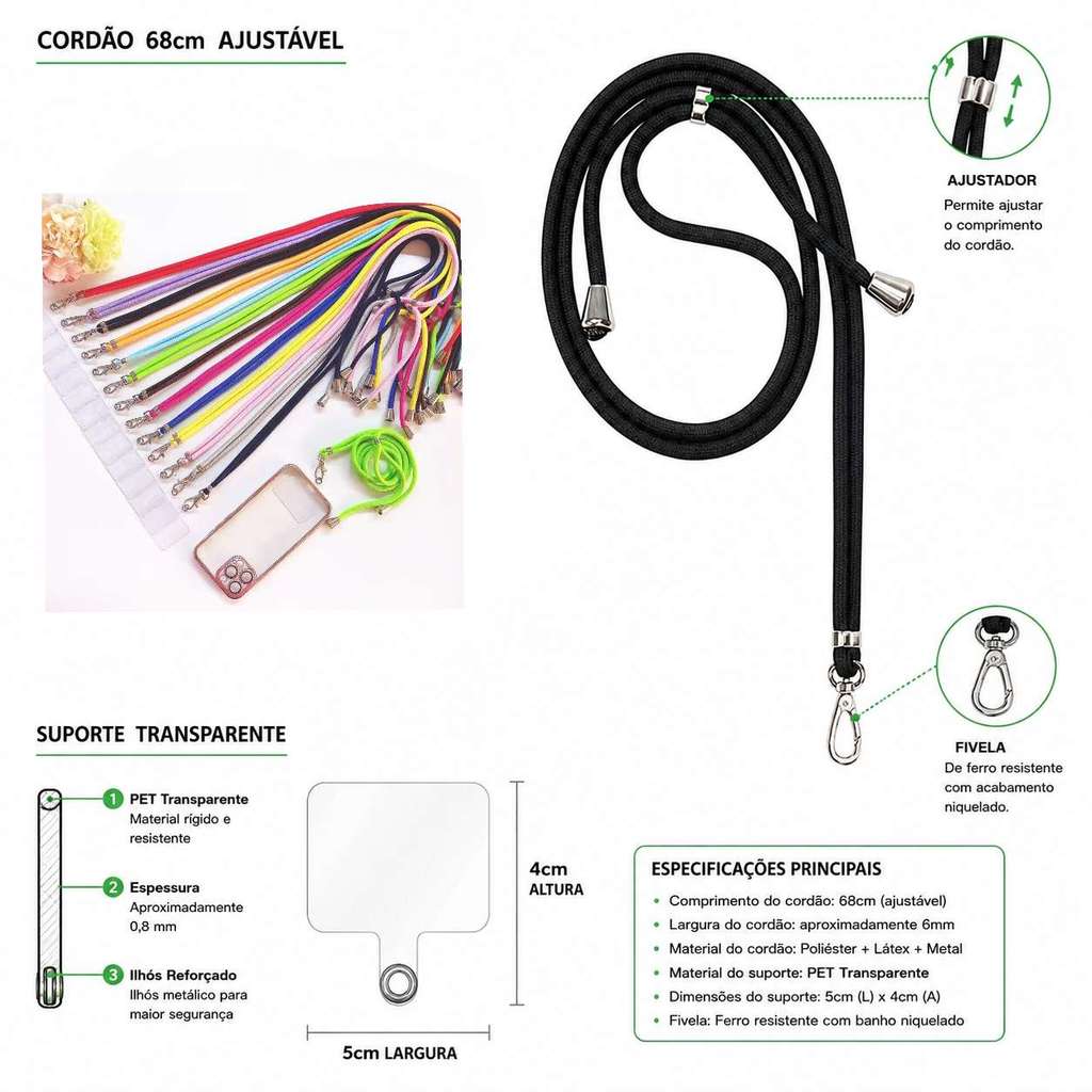 Cordão para Celular Universal Ajustável Alça de Pescoço Antiperda com Suporte Transparente