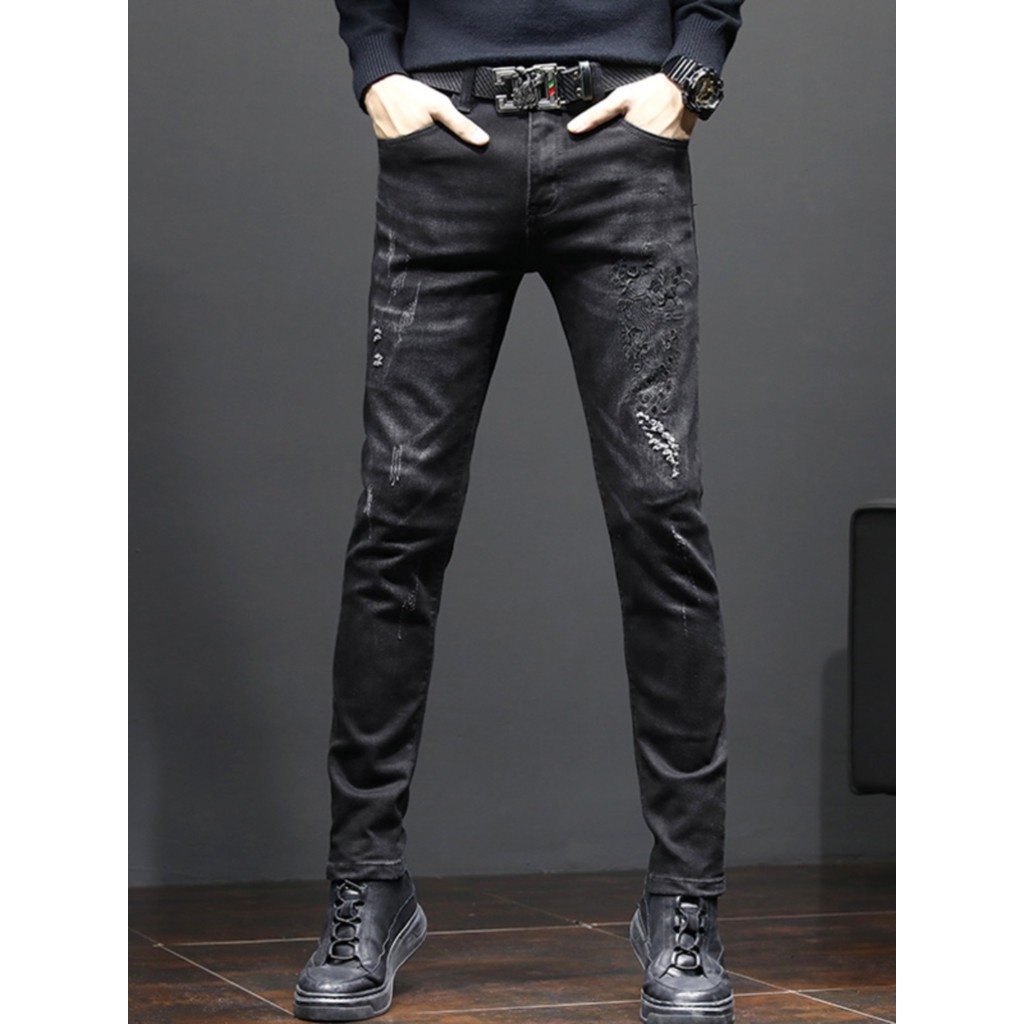 Estilo chinês preto Jeans masculino rasgado pavão bordado high street Slim-fit em linha reta street Wear calças elástica