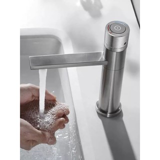 SUS304 botão de aço inoxidável torneira água quente e fria bancada lavatório banheiro escovado único furo torneira