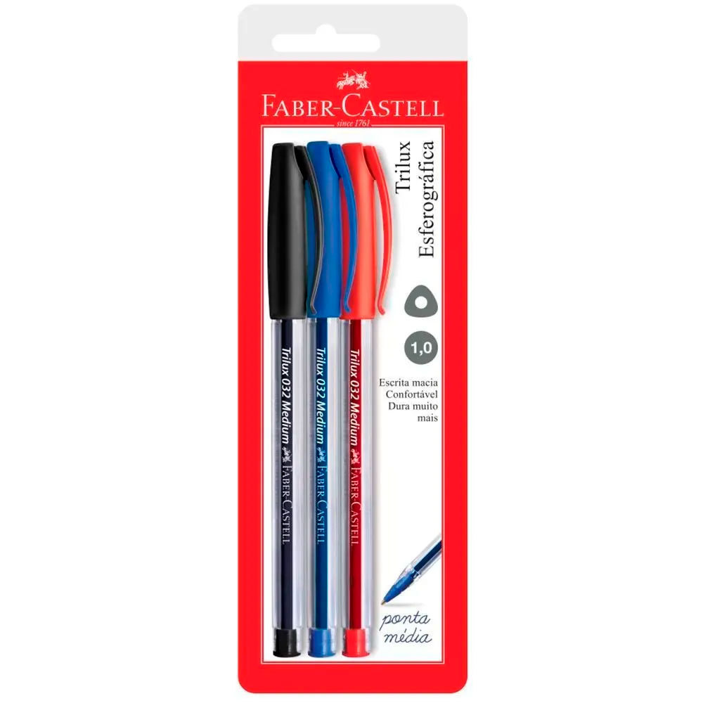 Caneta esferográfica 1.0 Trilux Azul/Preto/Vermelho SM/032 com 3 unidades Faber-Castell