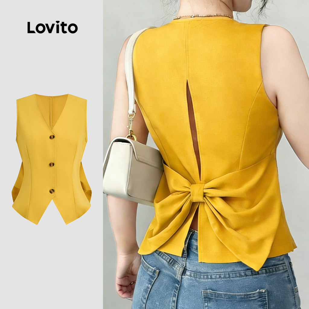 Lovito Top Casual Amarelo com Laço e Costas Botonadas para Mulheres LK6ED159