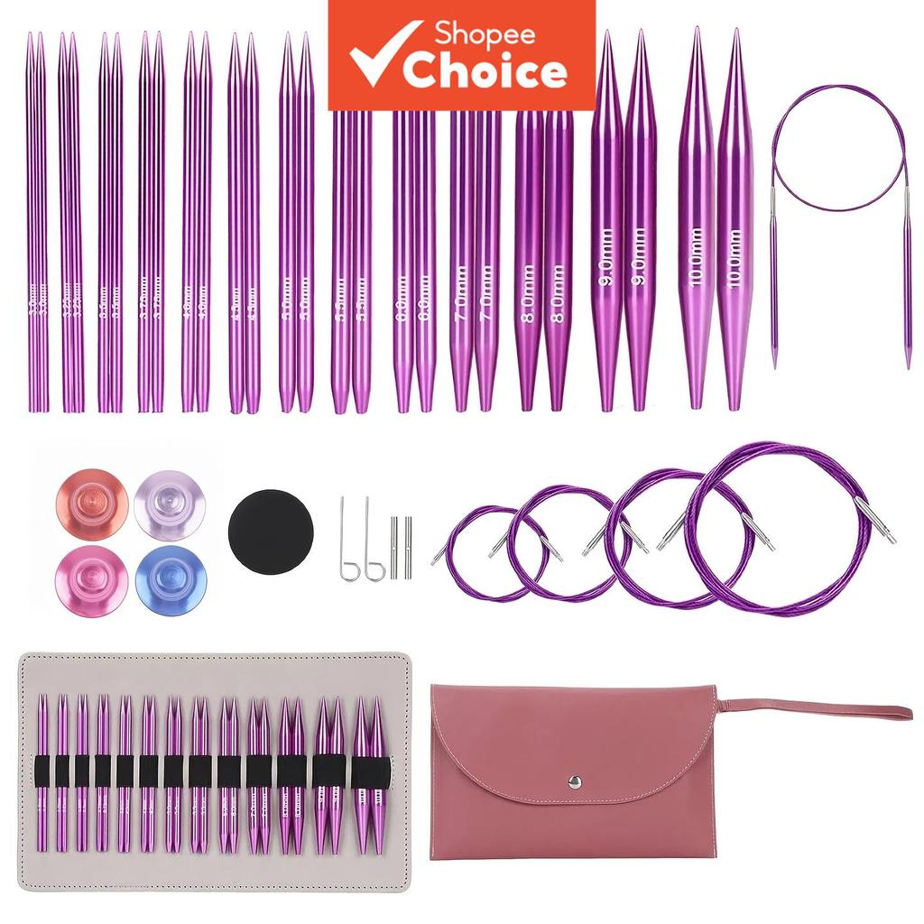 13 Pares Agulhas Circulares de Tricô Intercambiáveis em Alumínio Roxo Kit com Estojo Acessórios para Artesanato e