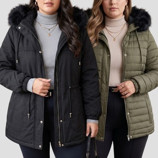 Parka Dupla Face Feminina Casaco De Frio Intenso Plus Size Inverno Capuz Removível Pelinhos Casual