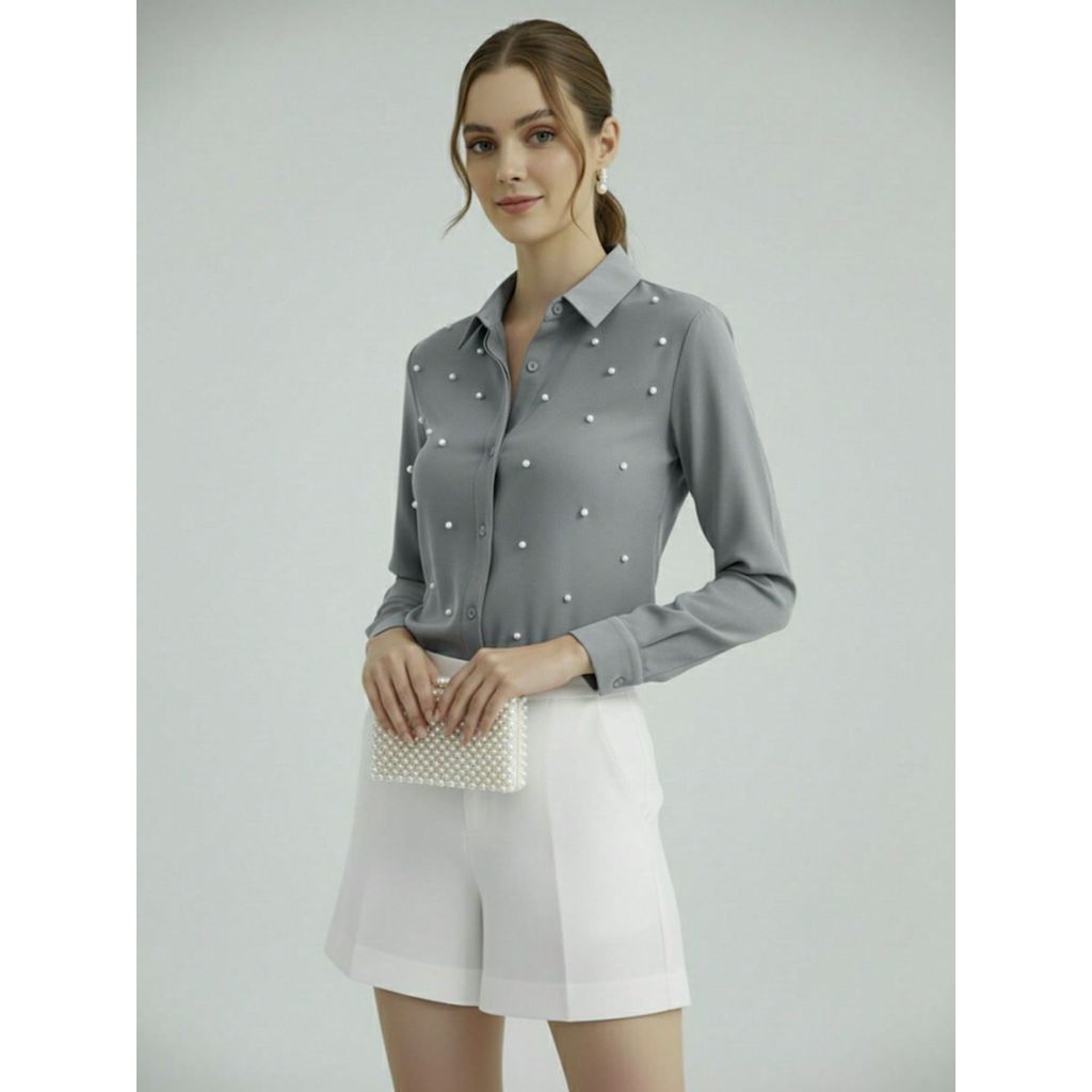Camisa Social Feminina com Pérolas Premium Cinza | Blusa de Luxo Manga Longa Elegante com Aplicações de Pérolas Longa