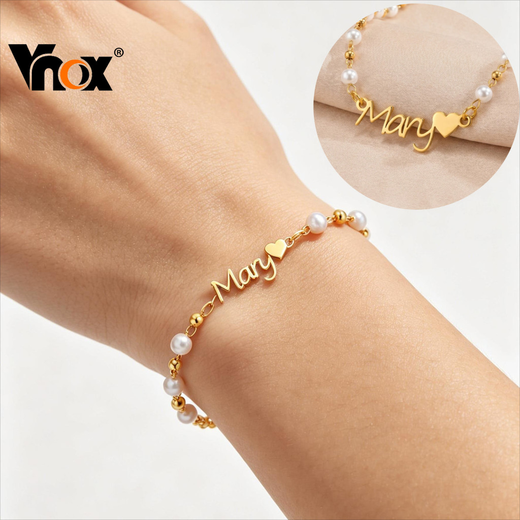 Pulseira De Pérola Com Nome Personalizado De Aço Inoxidável Banhado A Ouro Vnox 
