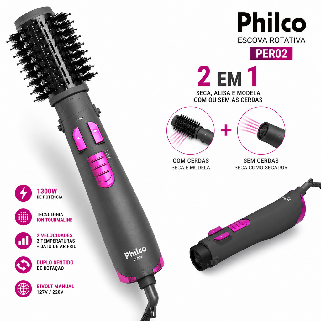 Escova Rotativa Secadora Philco 2 em 1 1300W  Bivolt