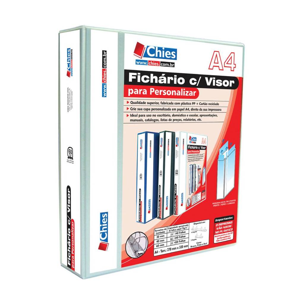 Fichário revestido com cristal A4 Branco 60mm 1379 com 4 argolas Chies