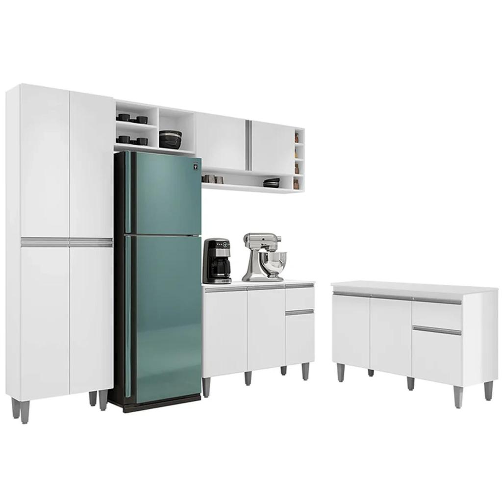 Cozinha Compacta Vanessa e Balcão Gabinete Com Tampo Tatiane 120cm Branco - AJL Móveis