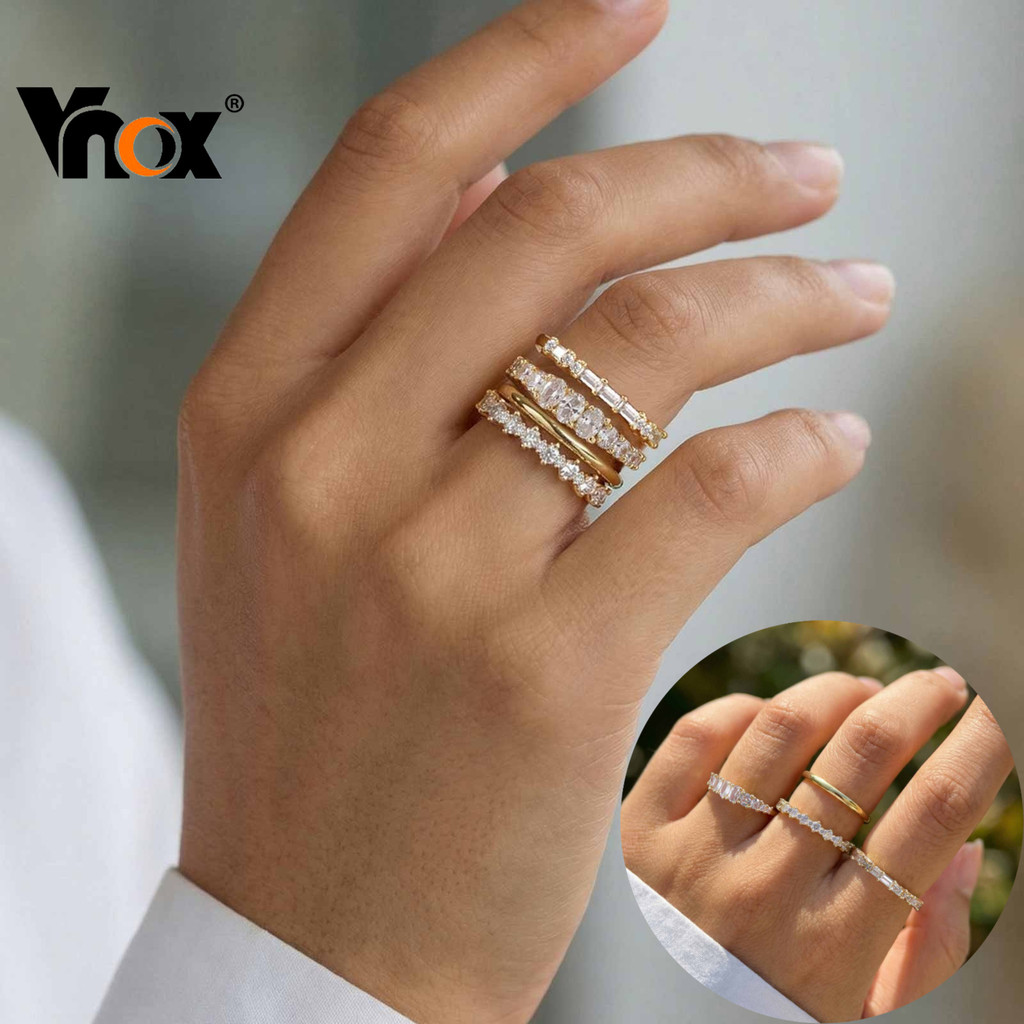 Conjunto De Anel De Zircônia Cúbica De Aço Inoxidável Banhado A Ouro Vnox Para Mulheres , Presente De Joias Hipoalergêni