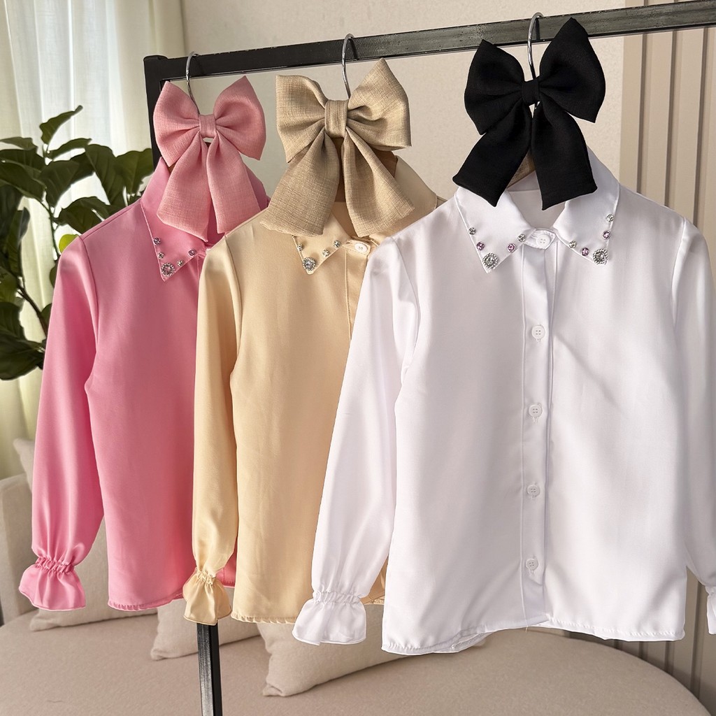 Camisa Infantil Strass Bege, Branco e Rosa Menina 02 ao 10
