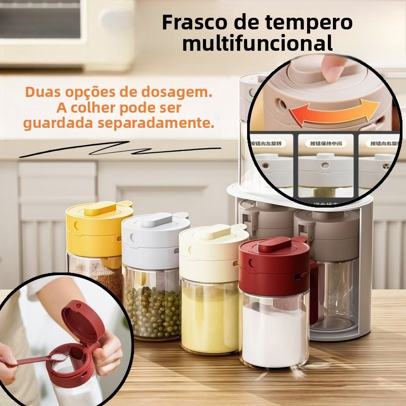 Pote de temperos selado à prova de umidade com colher separada, adequado para sal, açúcar, especiarias.