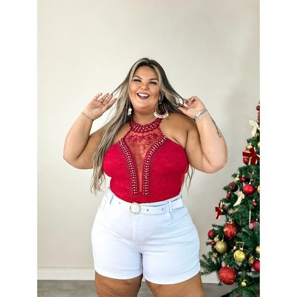 Body Luxo em Renda Trabalhada com Aplicação de Pedras Plus Size