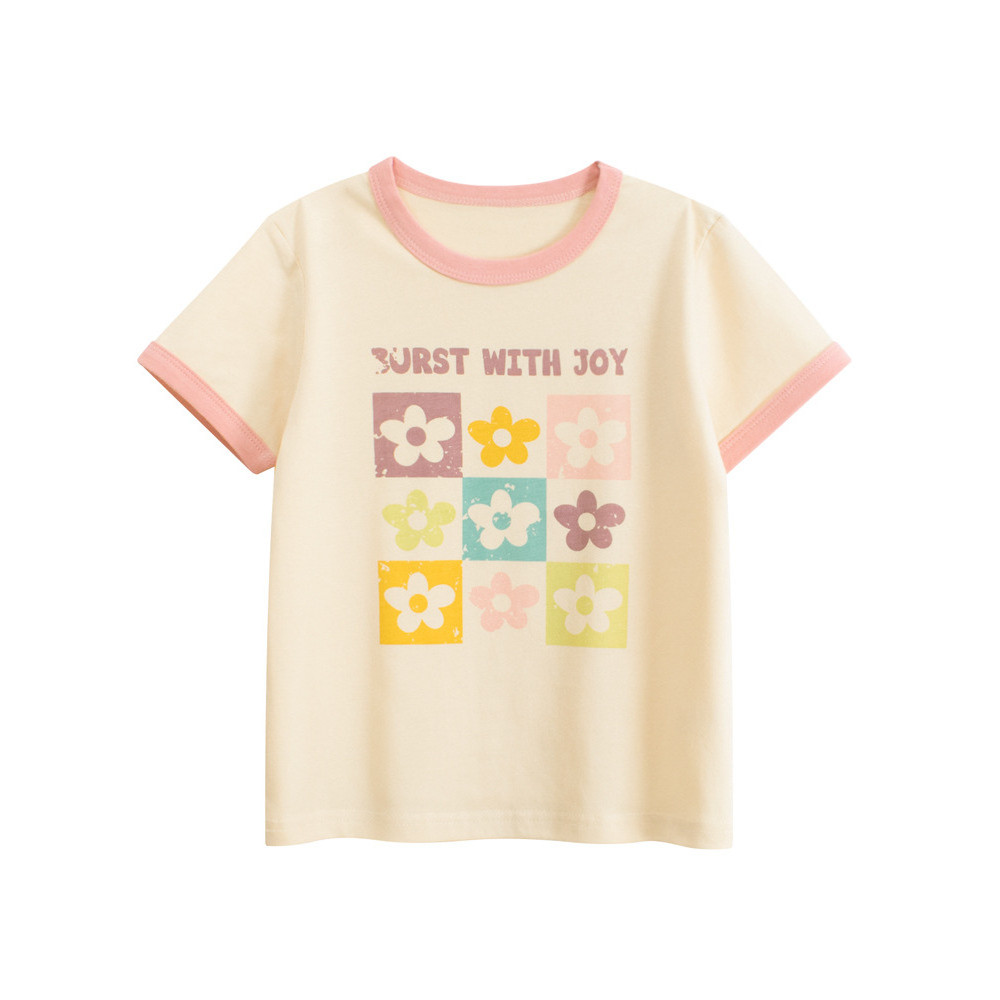 27home puro algodão roupas infantis verão crianças versão coreana camiseta de manga curta meninas impresso flor topo mar